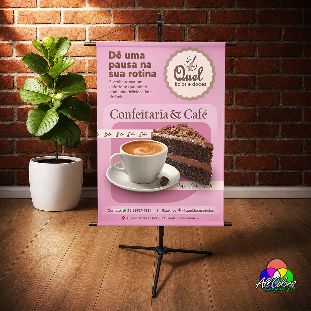 Banner promocional para confeitaria e cafeteria com café e bolo artesanal