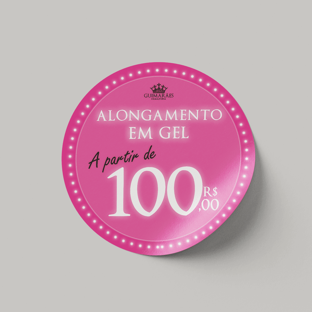 Adesivo redondo rosa brilhante com borda de luzes para Guimarães Esmalteria, promovendo o serviço de alongamento de unhas em gel com preço a partir de cem reais.