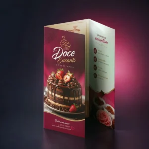 Cardápio de confeitaria dobrável com dois vincos em papel couché 250g brilho da Doce Encanto Confeitaria, mostrando capa com bolo de chocolate e morangos e aba interna com ícones de bolos, doces finos e tortas.