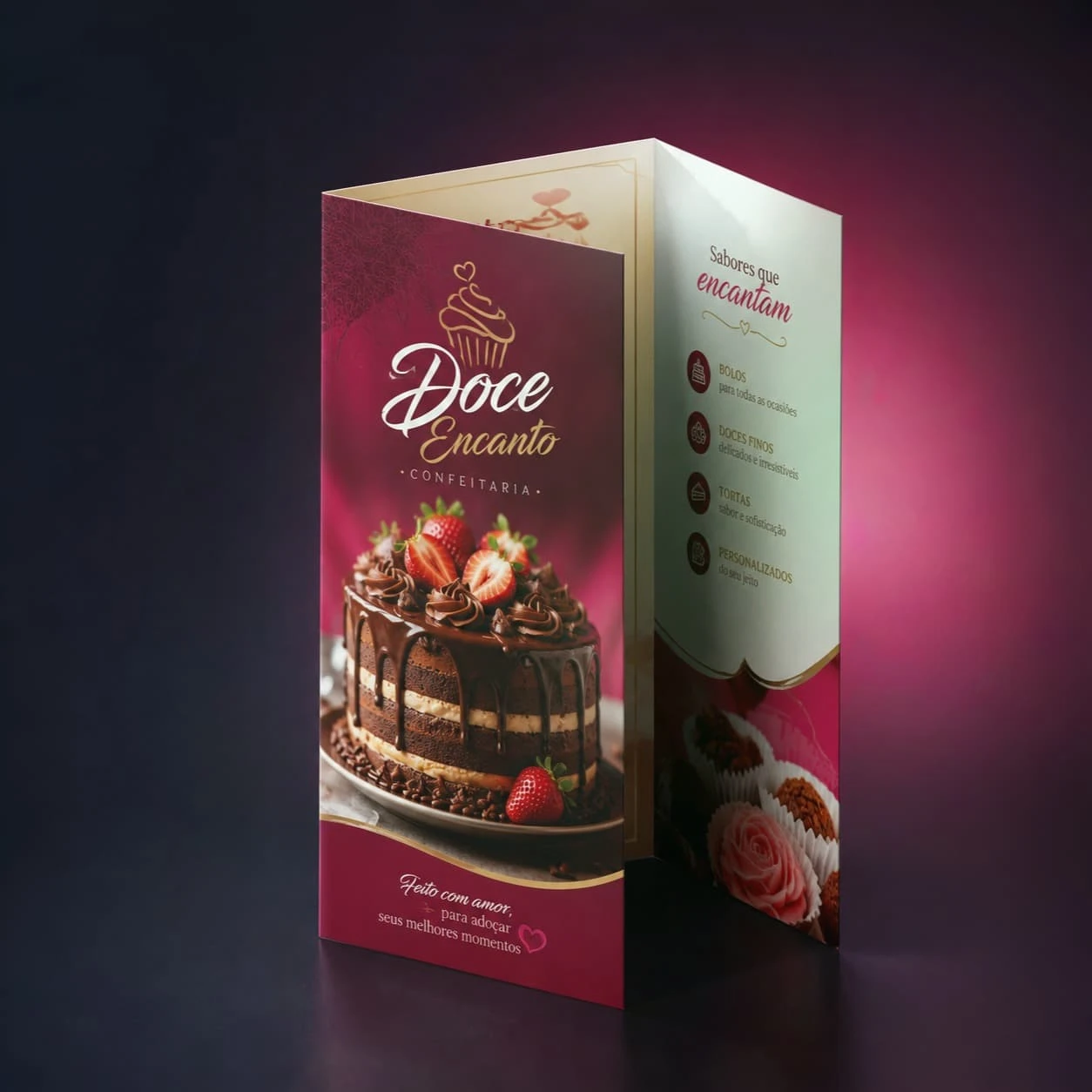 Cardápio de confeitaria dobrável com dois vincos em papel couché 250g brilho da Doce Encanto Confeitaria, mostrando capa com bolo de chocolate e morangos e aba interna com ícones de bolos, doces finos e tortas.