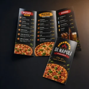 Cardápio de pizzaria dobrável de três abas (dois vincos) da Di Napoli Pizzaria, com fundo escuro simulando textura de ardósia, fotos realistas de pizzas saindo do forno, divisão de setores entre pizzas especiais, tradicionais e bebidas, e capa elegante com logotipo em formato de forno a lenha.