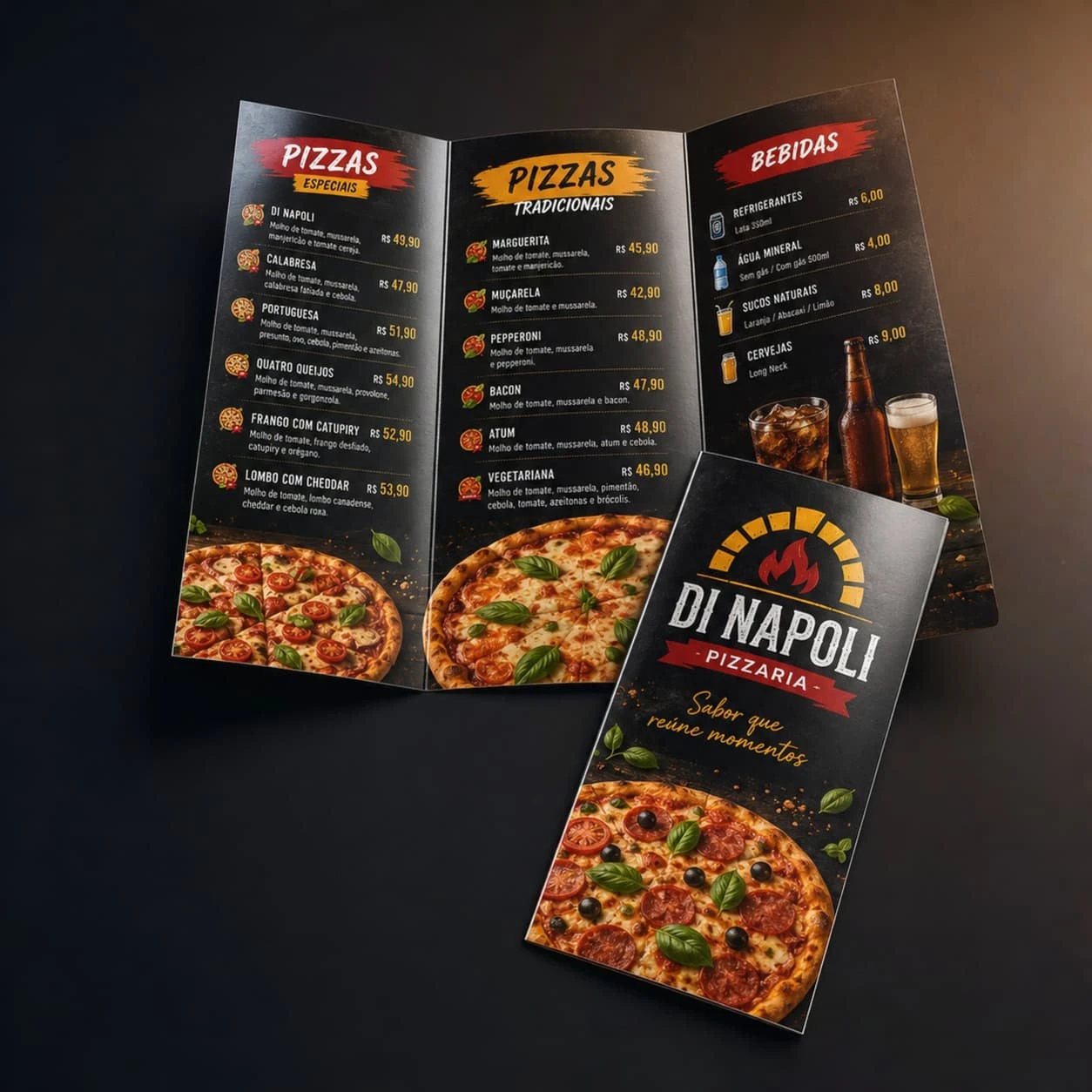 Cardápio de pizzaria dobrável de três abas (dois vincos) da Di Napoli Pizzaria, com fundo escuro simulando textura de ardósia, fotos realistas de pizzas saindo do forno, divisão de setores entre pizzas especiais, tradicionais e bebidas, e capa elegante com logotipo em formato de forno a lenha.