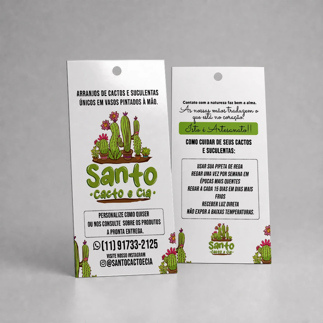 Tag informativa de papel para plantas da Santo Cacto e Cia com ilustrações coloridas de cactos e guia com instruções passo a passo de rega e luz.